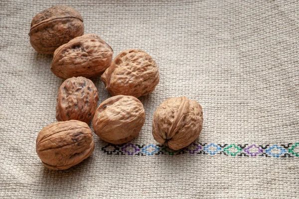 Vue Dessus Des Écrous Sur Tissu Cuisine Traditionnel Avec Espace — Photo