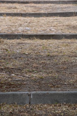 Arka plan için yeşillik ile çimento ve kir adımları yakın çekim