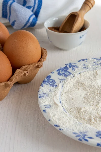 Vertical Top View Ingredients Pastries Brown Sugar Flour Blue Dish — Stock Photo, Image