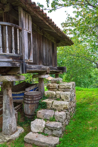 Detail of the stone stairs to climb a traditional wooden horreo in Asturias, Spain, Europe