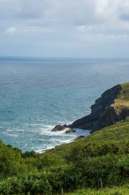 Yeşil arazili ve uçurumlu kıyı manzarası, Cantabria 'da güneşli bir yaz günü, dikey