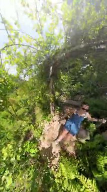 Dikey video. Kot elbiseli bir kadın salıncak gibi sallanıyor. Bereketli tropikal bir ormanda, dağ manzaralı ve ahşap platformlu, 360 derecelik manzaralı, Orman Gevşemesi kavramına sahip.