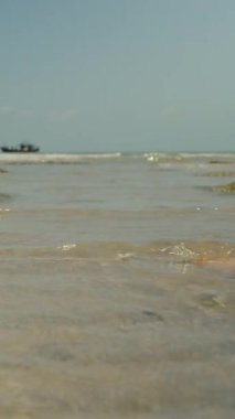 Dikey video. Sığ Deniz Suyunda Çıplak Ayakla Yürüyen Kadın Görünür Dalgalanmalar ve Kayalık Çıkıntıları Arka Açı Açısından Görüldü, Rahatlatıcı Deniz Kavramı