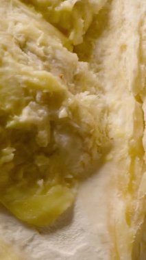 Dikey video. Kamera Siyah Arkaplan Tropikal Meyve Konseptinde Yukarı Kayarken Eller Açık Durian Etini ve Dikenli Kabuğu Gösteriyor