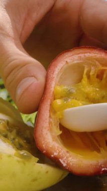 Dikey video. Eller Kırmızı Tutku Meyvesi 'nden Beyaz Kaşıkla Beyaz Kaşık ile Açık Bahçedeki Masanın Üzerine Kepçeleyen Kukla kaydırıcı, Tropikal Atıştırmalık Konsepti