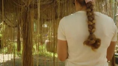 Güneş ışığı ve ağaçlarla çevrili Parlak Tropikal Bahçede Asılı Kökler Arasında Yürüyen Uzun Örgülü Saçlı Kadın, Doğa Keşfi
