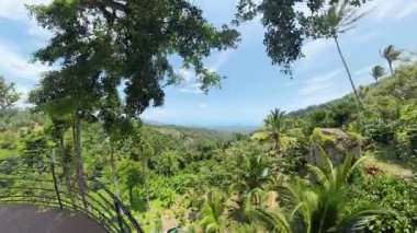 Bir Güvertenin Kıyısında Duran Kadın Orman Manzarası ve Parlak Gökyüzü Altındaki Uzak Deniz, Geniş Açı, Huzurlu Anlık Kavramı