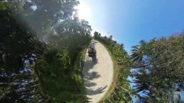 360 Derece Minik Gezegen Görünümü, Macera Yolculuğu Konsepti 'nde Diri Ağaçlarla çevrili Scooter' la Arkadaki Kadın