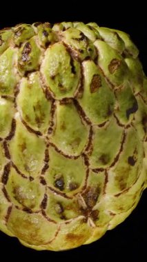 Dikey video. Şekerli Elma 'nın Siyah Arkaplanda Dönüşünü Ortalarda Kremalı Et ve Tohumları Gösterme, İzole Stüdyo Meyvesi Döngüsü, Tropikal Beslenme Konsepti