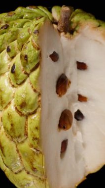 Dikey video. Şeker Elması Dikey Çapraz Bölümü Siyah Arkaplanda Tohum ve Kremalı Beyaz Et Dönüşümlü Yalıtılmış Meyve Sunumu Konsepti