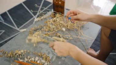 Gri Masadaki Kuru Kökleri Vazoyla Sıralayan Kadın, Yakın Açı, Ev Dekorasyonu Konsepti