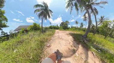 Parlak Mavi Gök Altında Kum Ağaçları Altında Yürüyen İlk Kişi Görünümü, 360 derecelik Kamera Açısı, Tropikal Macera Konsepti