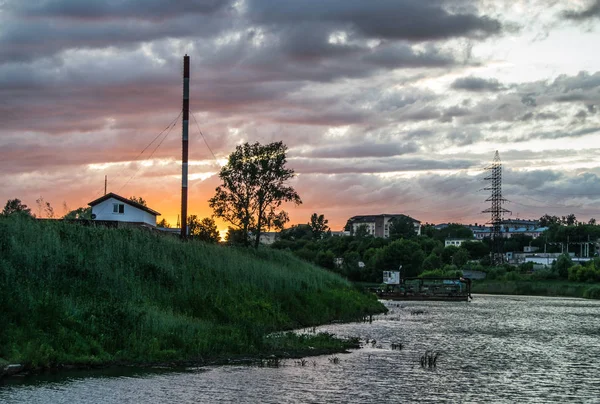 Sunset near the old bed of the Kazanka river  in the industrial district of Kazan, Russia