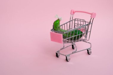 Pembe arka planda büyük sıra dışı salatalıkları olan küçük market arabası.