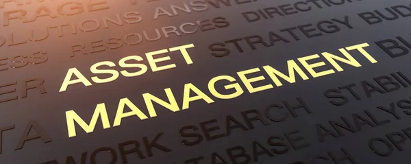 Asset Management Background, Word Cloud Concept In Black and Gol