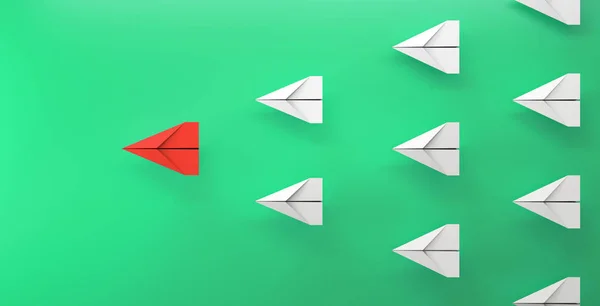 paper plane leadership concept - red paper plane leading the row