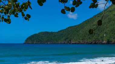 Dağlar ve ekvatorun kuzeyinde Karayip Punta Cana, Atlantik Okyanusu, ağaç ile tropikal bir plaj