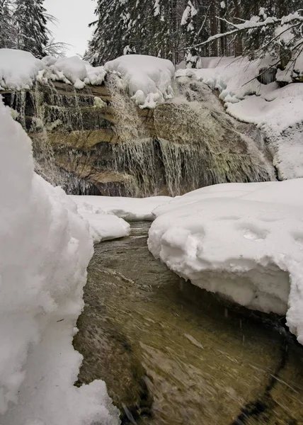 Şelale orman nehirde, kar, Harrachov Çek Cumhuriyeti Harrachov ile kışın kış manzarası
