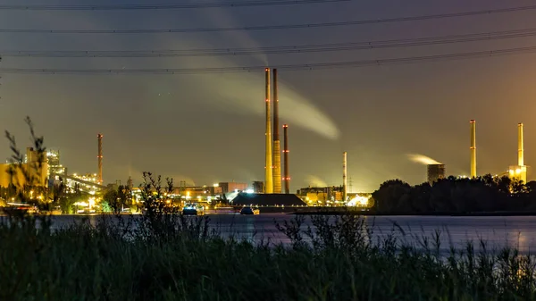 Cheminées Industrie Nuit Sur Rhin Duisburg — Photo