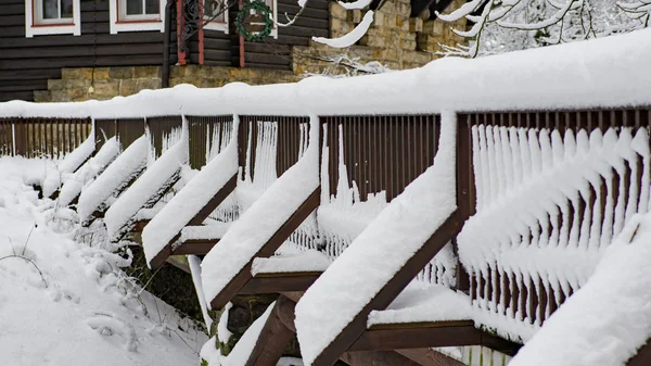 Wooden Bridge House Night Light Snow Saxon Switzerland National Park — Stock Photo, Image