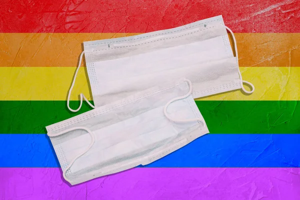 Medical Masks Rainbow Flag Concept Coronavirus Lgbt Pride Parade — Stock Photo, Image
