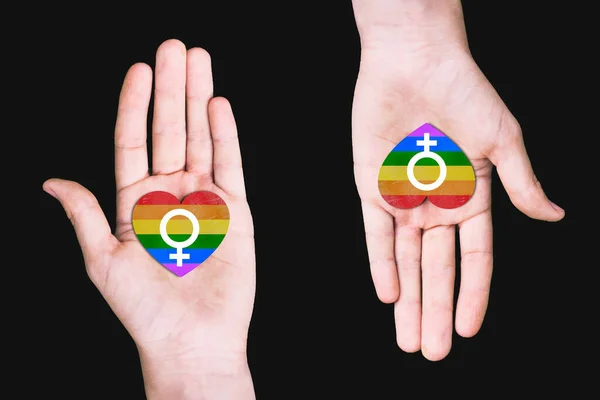 Same Sex Love Marriage Women Gender Symbol Woman Hands Hearts — Stock Photo, Image