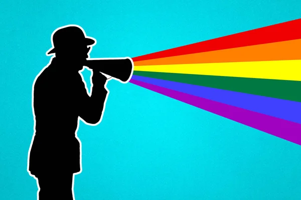 一个拿着扩音器的男人的轮廓 一个男人对着扩音器大喊 彩虹和Lgbtq社群的颜色 男女同性恋 双性恋和变性者概念 — 图库照片