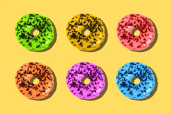 Donuts Coloridos Fundo Amarelo Conceito Mínimo Verão Layout Plano Vista — Fotografia de Stock