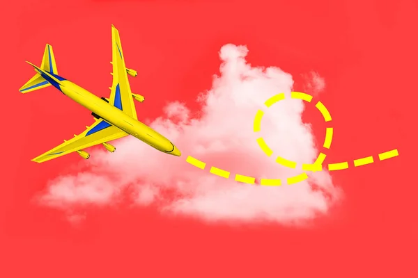 A passenger plane in the sky and a dotted line in the clouds. Flight route of the aircraft. Concept of travel, parcel delivery and tourism. Creative minimal style. — Stock Photo, Image