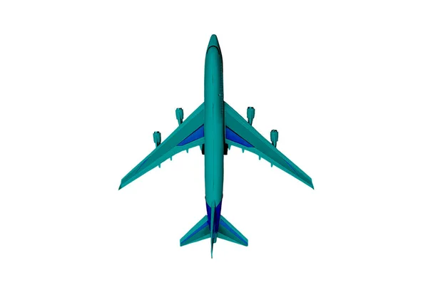 Avion de couleur isolé sur fond blanc. Modèle d'avion de passagers. Vue de dessus, plan plat — Photo