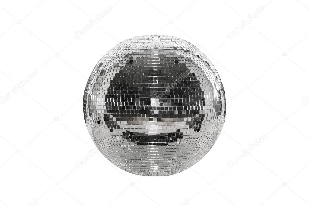 Disco ball isolated on a white background. A spherical object with a mirror surface. Mirror ball. Concept of a night club party, club life