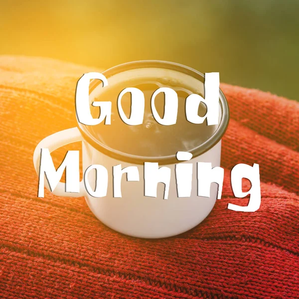 Coffee Mug Sign Text Good Morning Metal Mug Red Sweater — Stock Photo, Image