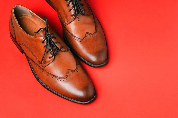 Коричневые кожаные туфли крупным планом на красном фоне с копией пространства. Стильная и модная обувь из натуральной кожи. Мужская мода — стоковое фото