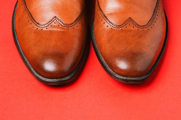 Мужская обувь крупным планом на красном фоне. Стильная обувь и аксессуары. Мужской блог — стоковое фото