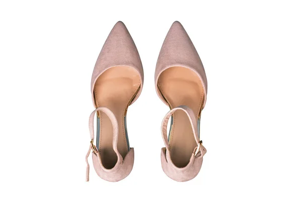 Жіноче Взуття Ізольоване Білому Тлі Стильні Бежеві Сандалі Концепція Продажу — стокове фото