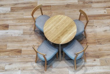 ahşap masa ve sandalyeler, üstten görünüm