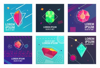 Hippi tarzı tasarım koleksiyonu renkli geometrik şekiller şablonlarla kartlar, trendy Memphis desenlerle 80s 90s moda. Reklam, davet, sunu izole vektör çizim için mükemmel