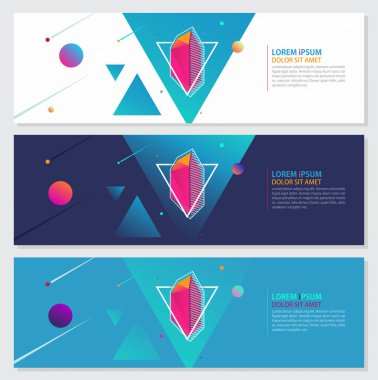 Geometrik şekiller, desenleri Trendy Moda 80s 90s ile yenilikçi stil afiş tasarım ayarla, renkli şablonları. Reklam, tanıtım web davet üstbilgi sayfa kapak izole vektör çizim için mükemmel