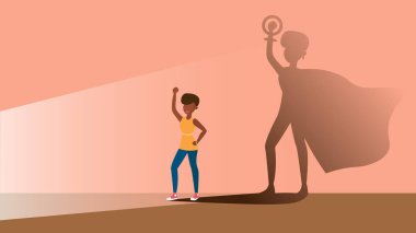 Gölge süper kahraman rolü kadınlar şeklinde Afro kadın güçlendirici için bir kavram. düz vektör illüstrasyon. Özgürlük, feminizm.
