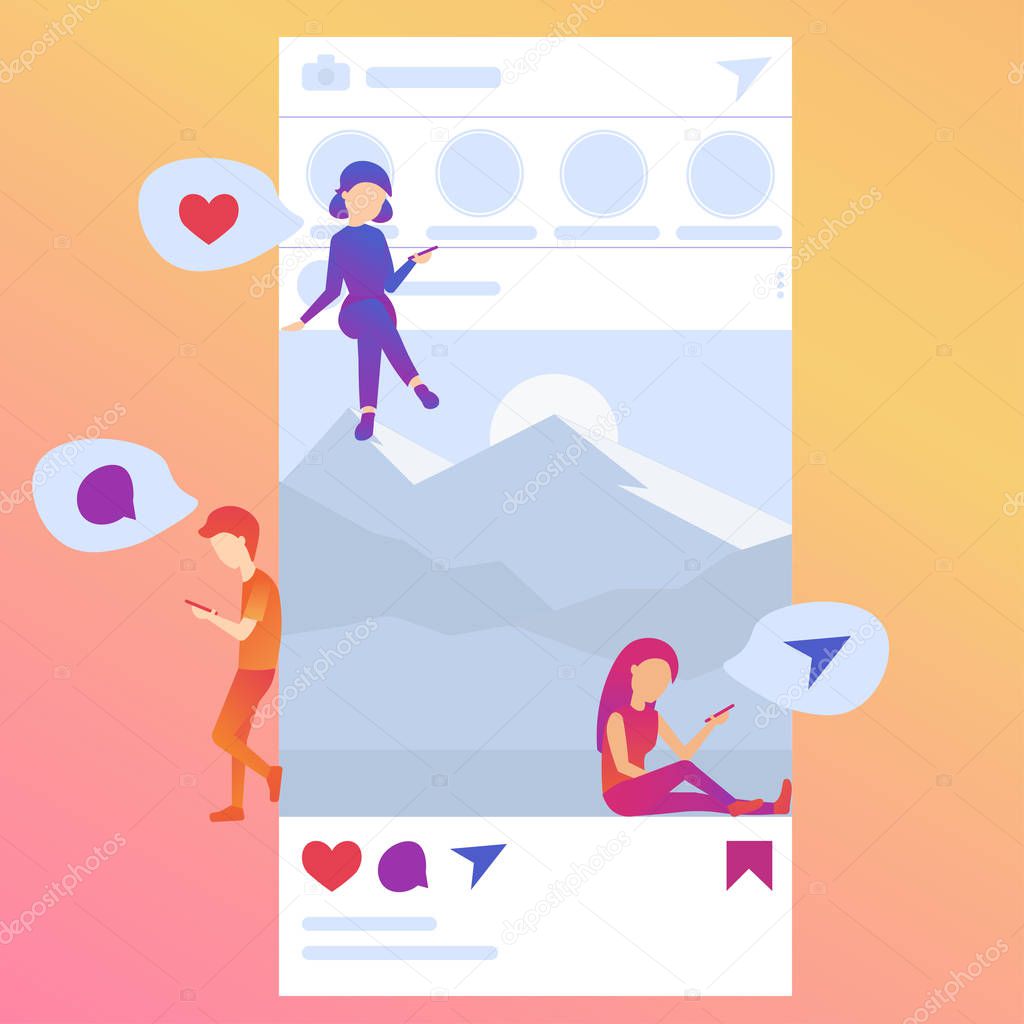 small people sit and stand on instagram post. send messages, like posts, comment. vector illustration.