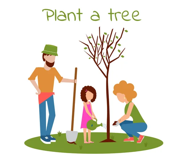 屋外での家族の植栽の木 女の子は木を植えます 子供植栽木 フラットベクターイラスト アーバーデイ — ストックベクタ