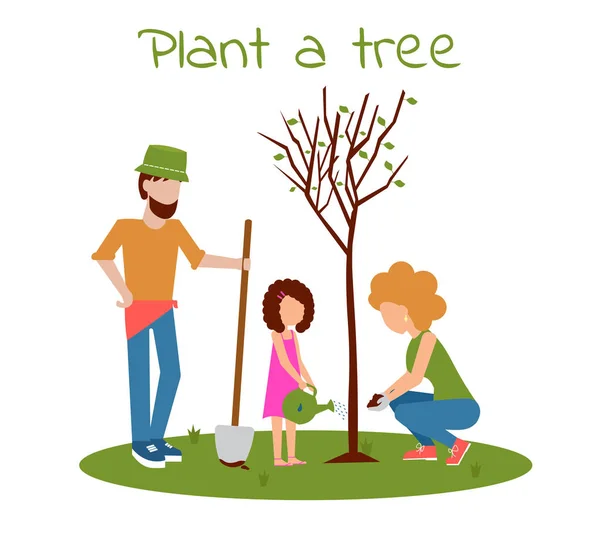 Family Planting Tree Outdoors Man Woman Girl Planting Trees Child Stock Illustration