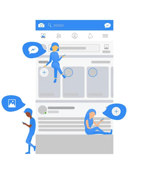 Küçük insanlar oturup ve sosyal medya arayüzü stand. Sosyal ağ Facebook arayüzü çerçeve ile beyaz arka plan üzerinde izole düz kutsal kişilerin resmi.