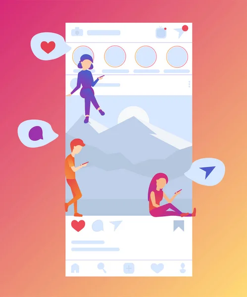 小人物坐在社交媒体Instagram界面上 发送信息 如帖子 平面矢量插图 带平面图标的社交网络接口框架 — 图库矢量图片