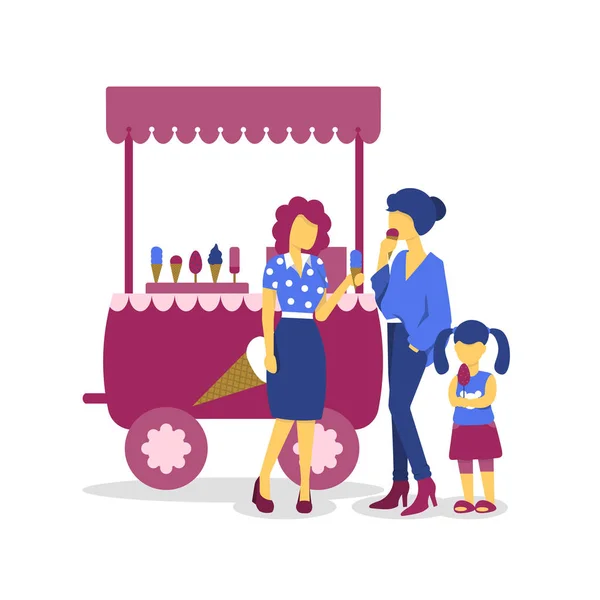 Zmrzlinový stojan, ženy a dětská holčička — Stockový vektor