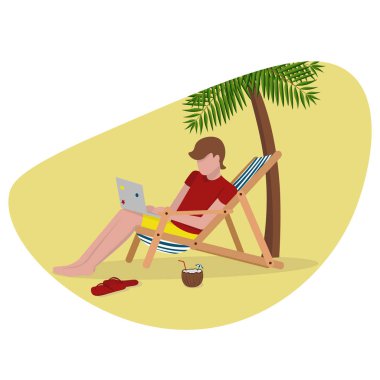 dizüstü palmiye ile sarı plajda serbest adam