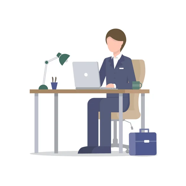 Business man med laptop på skrivbordet med resväska — Stock vektor