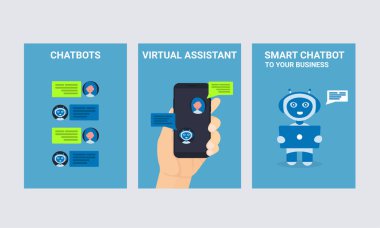Sohbet bot pazarlama otomasyonu. Sanal asistan ve müşteriler. İşinize akıllı chatbot. Düz vektör çizimi.