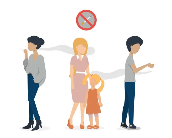 Femme et homme avec cigarette et femme avec enfant symbole stop sm — Image vectorielle