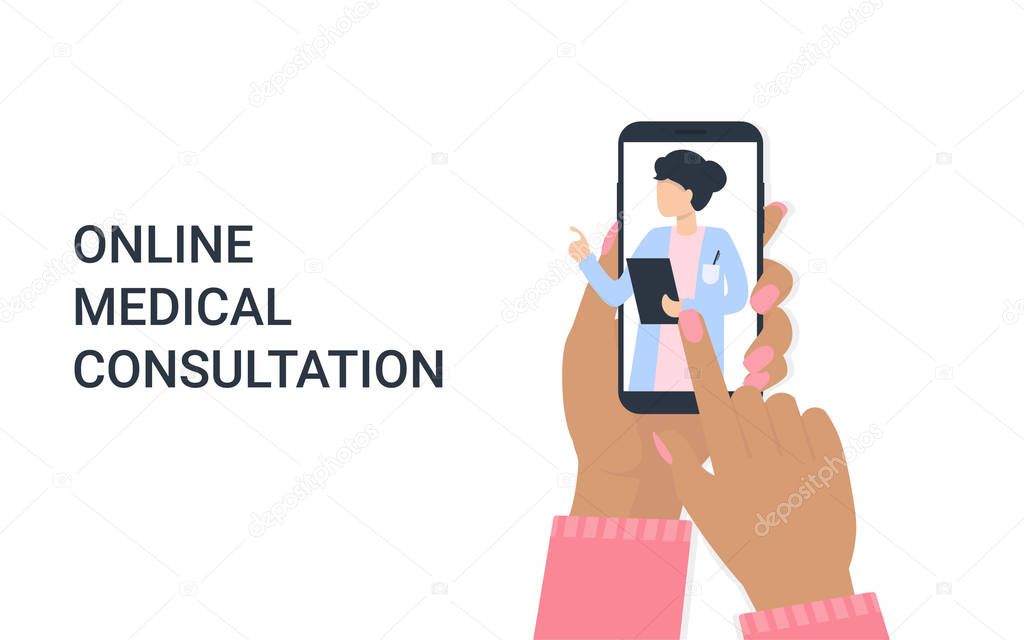 hand woman with phone and doctor woman online